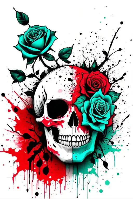 teal rose with vine intertwined with half skull face tattoo design idea