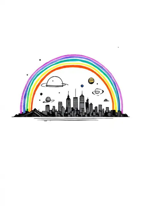 new York City skyline, rainbow, mountains, planets tattoo design idea