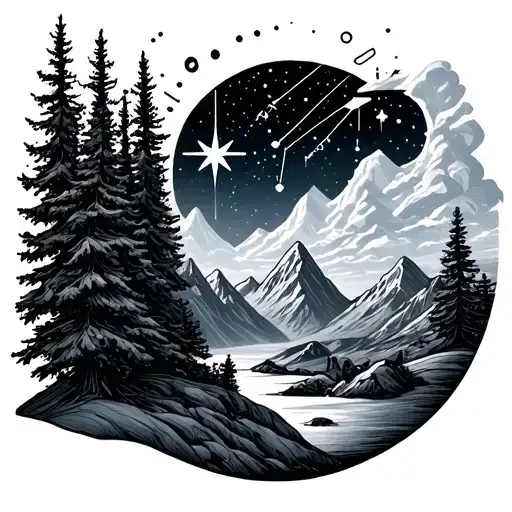 Trees, Mountains, Northern Lights, Constellation Gemini and Symbols. Polar Star Above Tattoo.  tattoo design idea