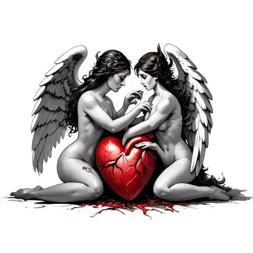 a woman Angel and a woman demon fighting over a real human heart in between them. they both have a grip on the heart.  tattoo design idea
