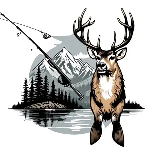 gun, fishing pole, bass, mountains, deer, Canada tattoo design idea