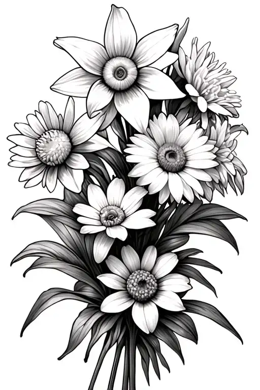 a simple realistic bouquet with 2 daffodils, 1 daisy, 1 chrysanthemum, and 1 marigold  tattoo design idea