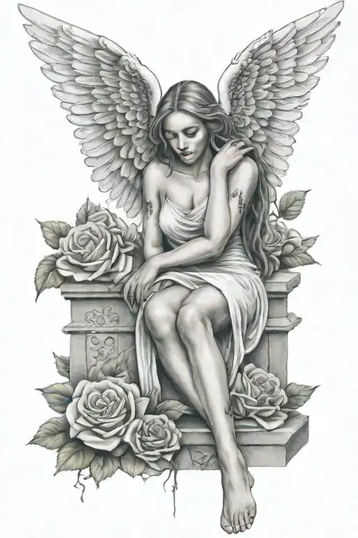 crying female angel large beautiful wings  holding her legs  with roses and rose petals surrounding beside tombstone tattoo design idea