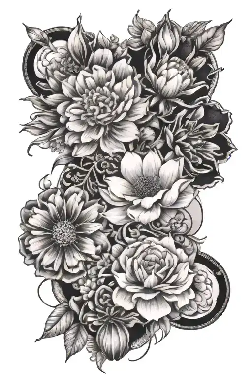 cosmos, marigold, carnation, snowdrop, rose combination tattoo design idea