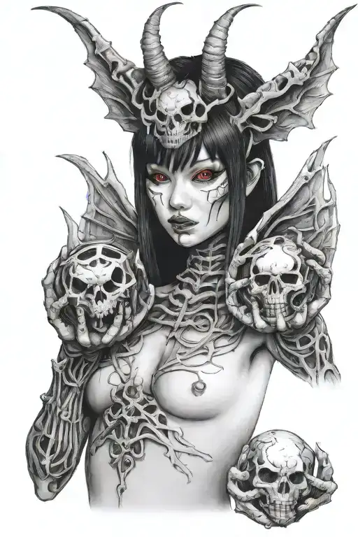 Beautiful Japanese half demon woman, big boobs, half skeleton face, holding orb, pointing at camera, black devil wings tattoo design idea