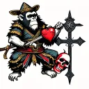 Samurai Oldoolol Monkey holding a human heart in one hand and a skull. Behind him a Gothic cross. tattoo design idea