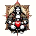 Samurai Oldoolol Monkey holding a human heart in one hand and a skull. Behind him a Gothic cross. tattoo design idea