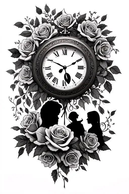 A time clock that marks the 11 50 hour with roses and at the bottom a father's silhouette with his daughter tattoo design idea