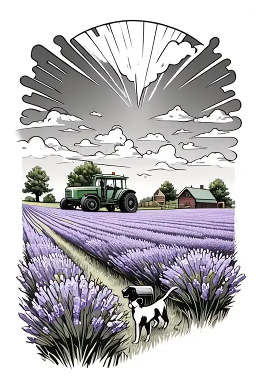 lavender field with a farm on a mound and a old tractor and dog outside with a cloudy sky and sun beams shining through  tattoo design idea