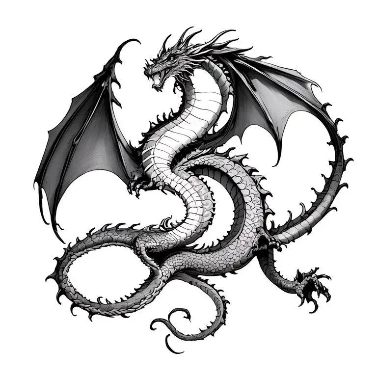 Dragon Spine Wrap: A dragon curled along the spine, wings spreading across the shoulder blades. tattoo design idea