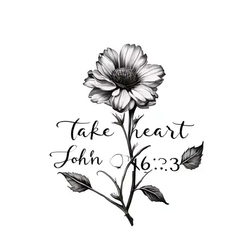 "Take heart John 16:33" September, October, November birth flower tattoo design idea