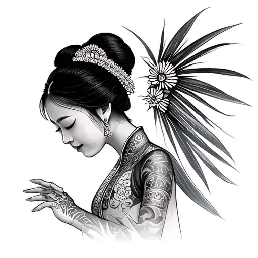 Draw a woman wearing traditional Lao female clothing, facing the front-left and downwards with her eyes closed, dancing tattoo design idea
