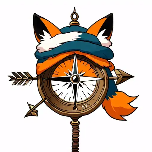 a compass with fox ears on his woolly hat and an arrow through it from nurth-west to south-east tattoo design idea