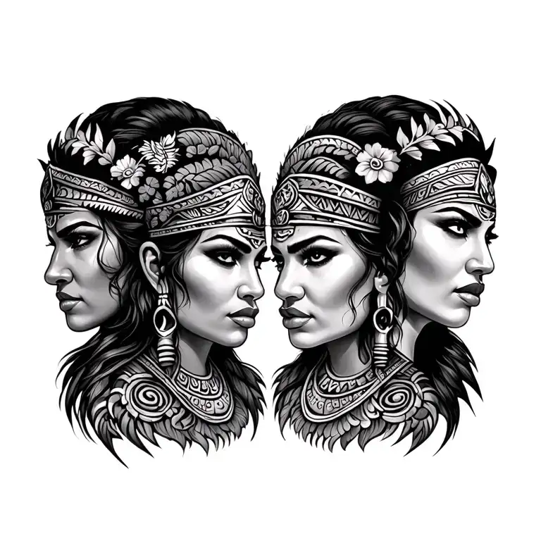 Chicano style tattoo design featuring Maori warrior and women tattoo design idea
