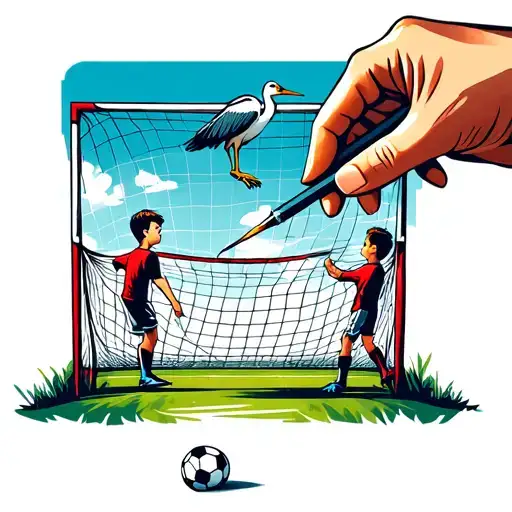 a hand with tattoo needle drawing the ball of two boys playing soccer with an heron standing on crossbar of the goal  tattoo design idea