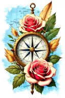 compass, 3 roses, quill, geography map tattoo design idea