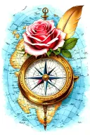 compass, 3 roses, quill, geography map tattoo design idea