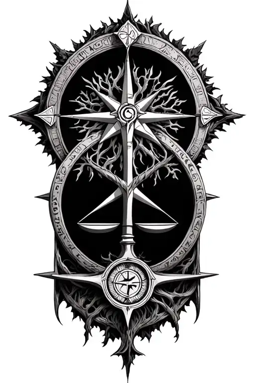gothic tree of life, libra scale, old 3D compass rose with intricate tattoo design idea