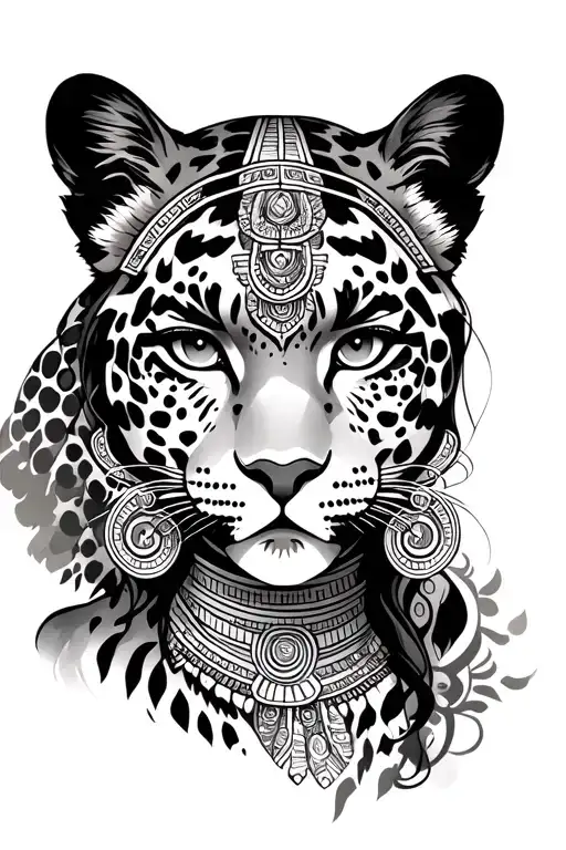 mayan lady with jaguar surrounded tattoo design idea