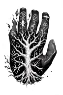 hand tattoo .. tree of life ..old nordic theme with some symbols on the knuckles tattoo design idea