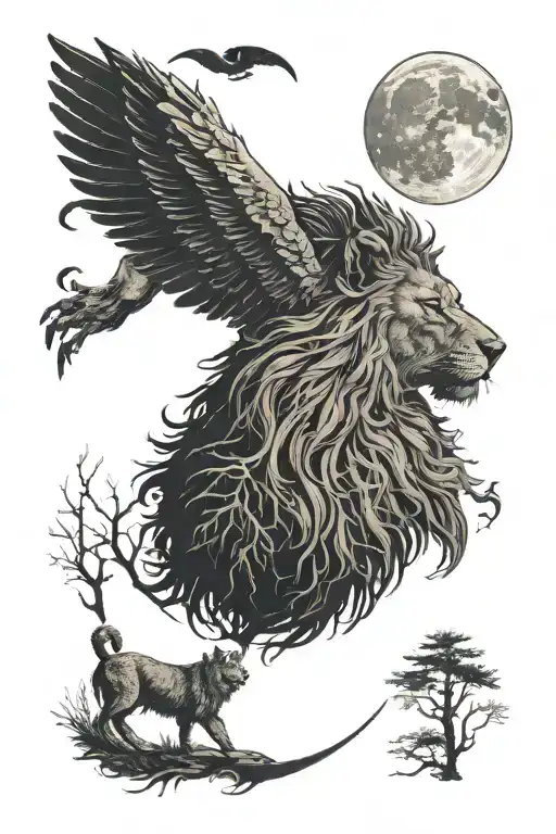 dense forest setting with lion , wolf and a dog paw of labardor under a half moon tattoo design idea