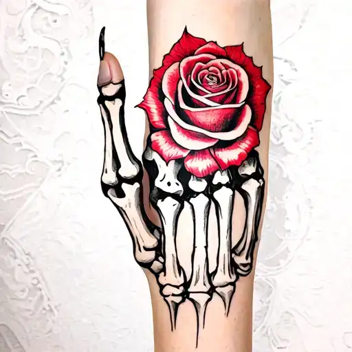 loner skeleton hand with rose tattoo design idea