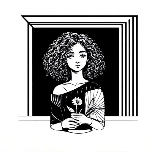 cute curly girl with a small flower in her hands tattoo design idea