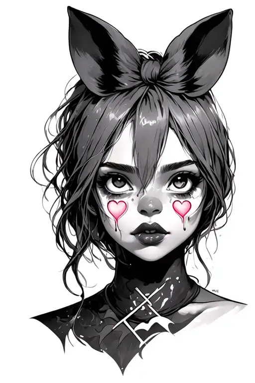 A female with hearts for eyes with tears coming out slightly with x stich crossing for a mouth kinda muffled tattoo design idea