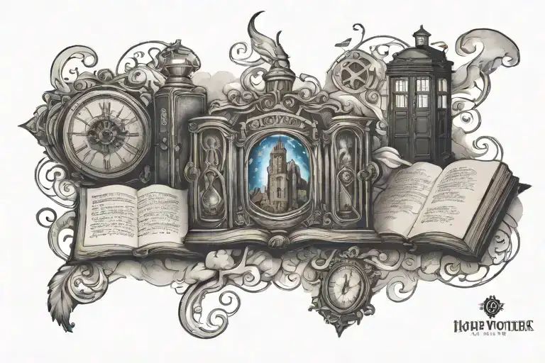 a nerdy book themed tattoo featuring Harry Potter, acotar, Doctor who, fourth wing, Romantasy and fantasy elements,  tattoo design idea