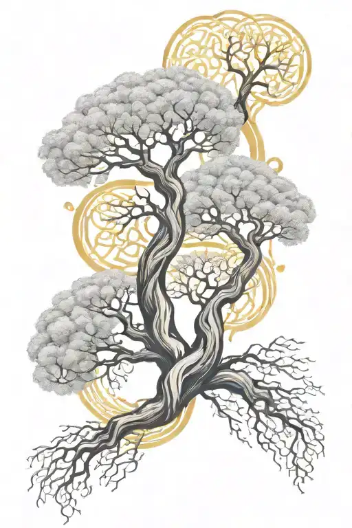 two trees in Tolkien style, a golden and a silver tree. add hints of DNA molecules to represent science tattoo design idea