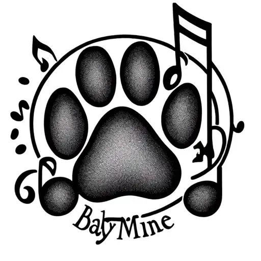 Music notes for song baby mine. Include paw print in a subtle way. soft lines. tattoo design idea