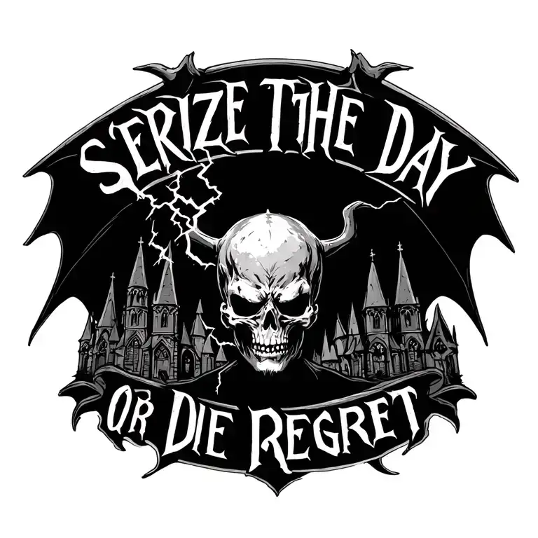 "Seize the Day or Die Regret" Death Bat with lightning and gothic churches tattoo design idea