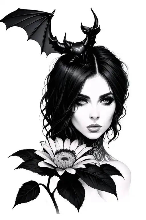 beautiful female portrait, holding a bat flower. hair like Alexa bliss. mysterious look tattoo design idea