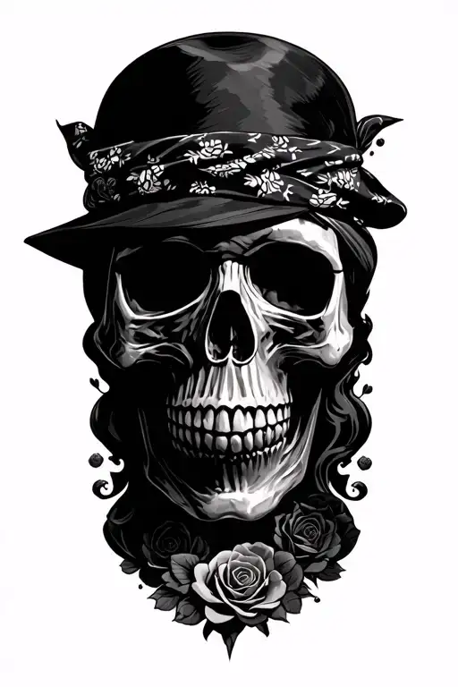 gun's n roses,  guitar skull with bandana and slash top top guitar handle roses petals smoke rock styl tattoo design idea