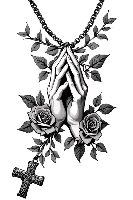 necklace style but with vines and roses and at the bottom is a pendant of prayer hands holding a cross tattoo design idea