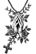necklace style but with vines and roses and at the bottom is a pendant of prayer hands holding a cross tattoo design idea