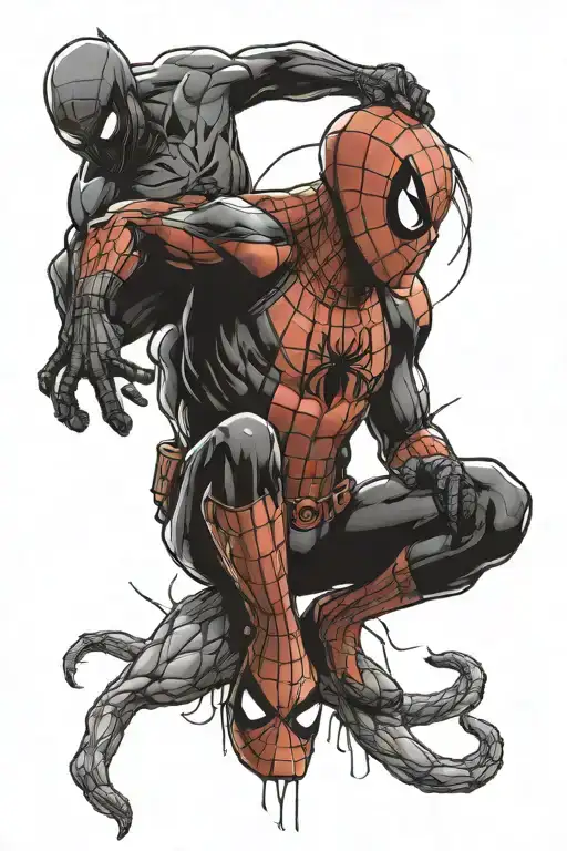 Spiderman holding onto deadpool, holding onto Venom tattoo design idea