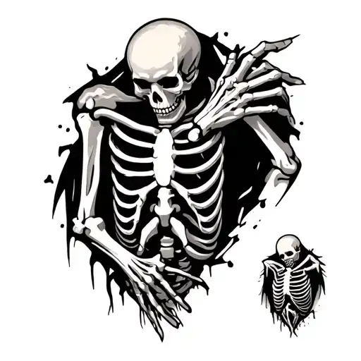 A detailed chest tattoo design featuring a menacing skeleton with bony hands ripping open the skin of a man's chest, exp tattoo design idea
