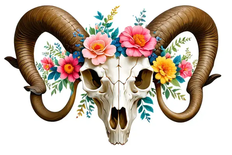 uterus flourishing with flowers in the shape of a ram skull front view tattoo design idea