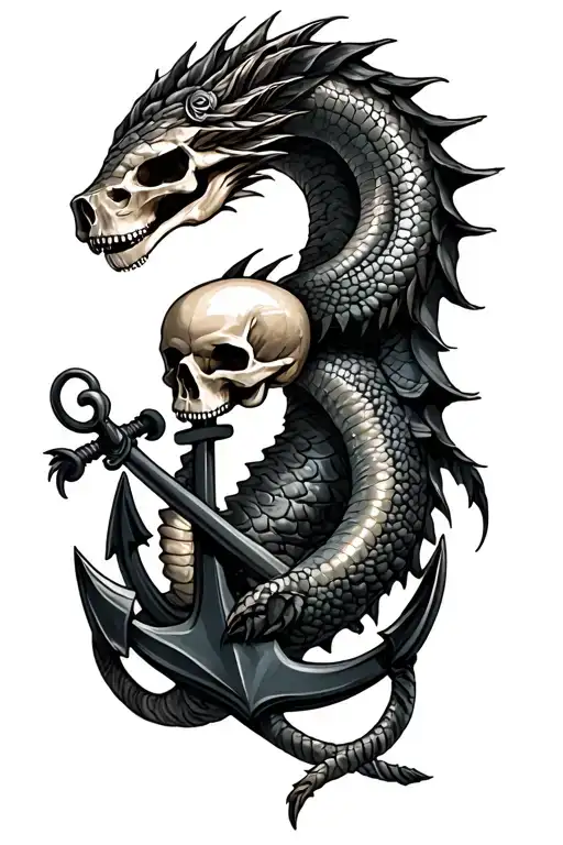 Sea Serpent wrapped around anchor with skulls tattoo design idea