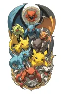 pokemon and mainline video game characters battling in the form of heaven and hell no duplicating tattoo design idea