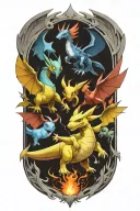 pokemon and mainline video game characters battling in the form of heaven and hell no duplicating tattoo design idea