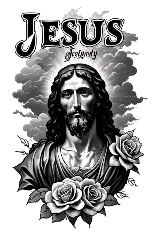jesus, text, roses, clouds tattoo design idea