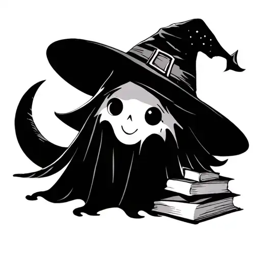 cute ghost with a witch hat, moon, books  tattoo design idea