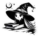 cute ghost with a witch hat, moon, books  tattoo design idea