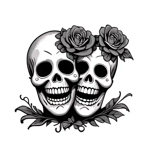 2 sugar skulls representing the comedy and tragedy mask,  tattoo design idea