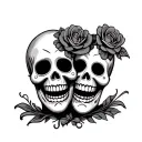 2 sugar skulls representing the comedy and tragedy mask,  tattoo design idea