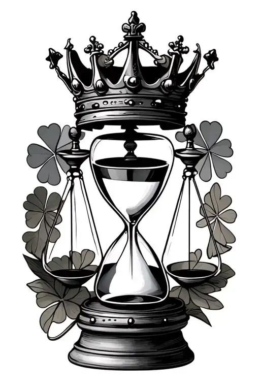 hour glass chess king crown and 4 leaf clover surrounding on the bottom put a balance  scale  tattoo design idea