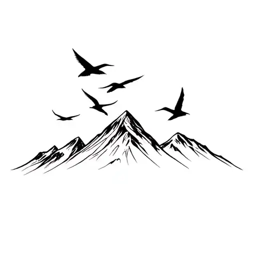 Mountain and swallows tattoo design idea