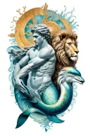 greek god and dolphin and lion and mermaid tattoo design idea